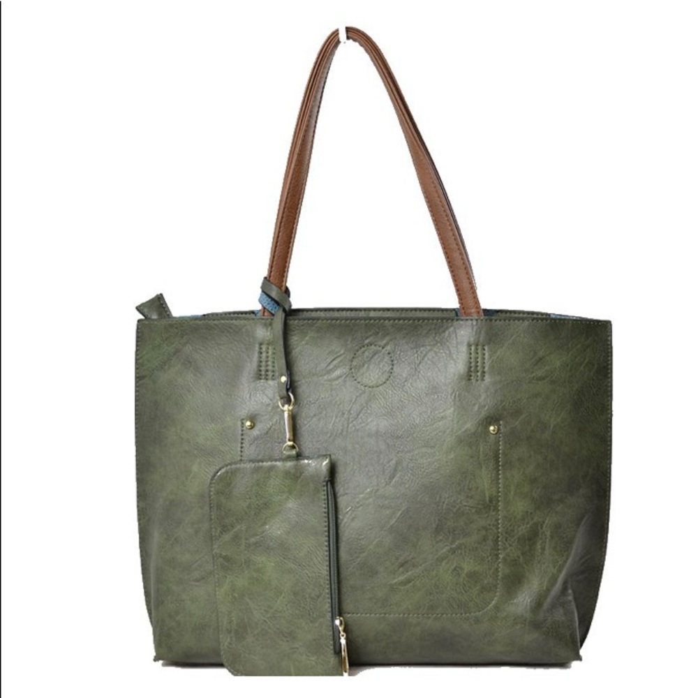 Dark Green / Brown Tote Bag With Matching Wristlet